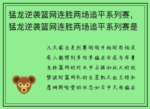 猛龙逆袭篮网连胜两场追平系列赛，猛龙逆袭篮网连胜两场追平系列赛是哪一集