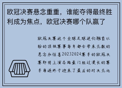 欧冠决赛悬念重重，谁能夺得最终胜利成为焦点，欧冠决赛哪个队赢了