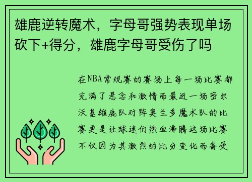 雄鹿逆转魔术,字母哥强势表现单场砍下+得分,雄鹿字母哥受伤了吗